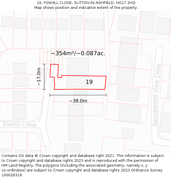 19, FOXHILL CLOSE, SUTTON-IN-ASHFIELD, NG17 2HQ: Plot and title map
