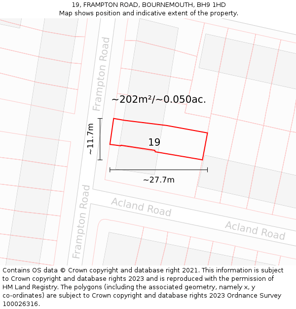 19, FRAMPTON ROAD, BOURNEMOUTH, BH9 1HD: Plot and title map