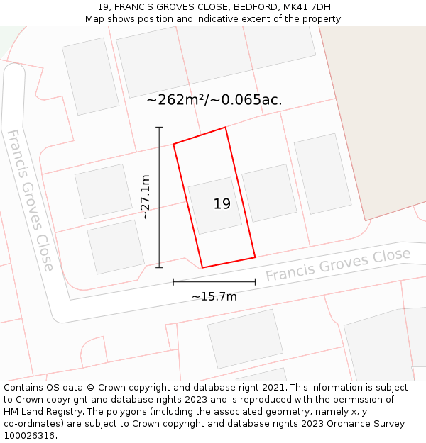19, FRANCIS GROVES CLOSE, BEDFORD, MK41 7DH: Plot and title map