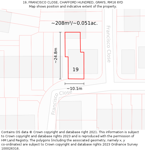 19, FRANCISCO CLOSE, CHAFFORD HUNDRED, GRAYS, RM16 6YD: Plot and title map