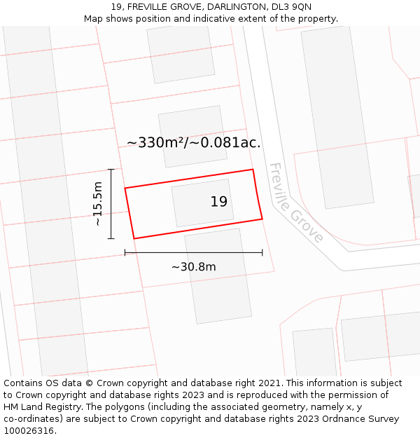 19, FREVILLE GROVE, DARLINGTON, DL3 9QN: Plot and title map