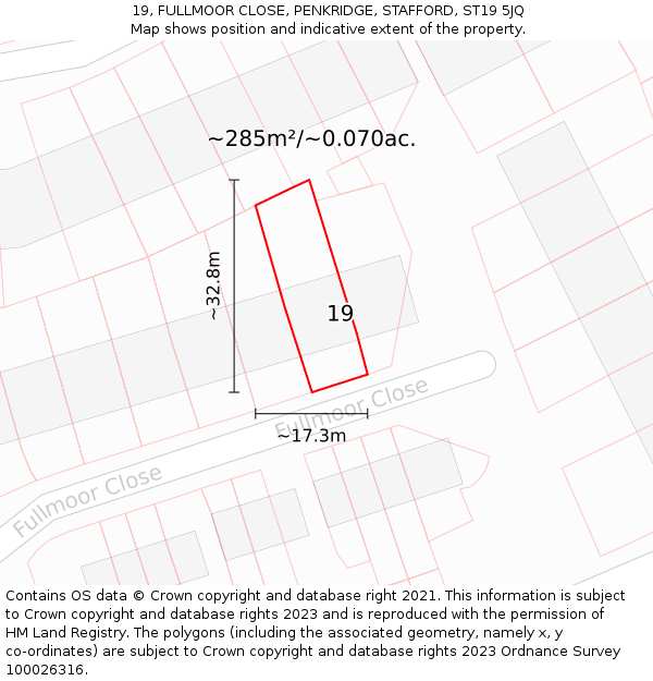19, FULLMOOR CLOSE, PENKRIDGE, STAFFORD, ST19 5JQ: Plot and title map