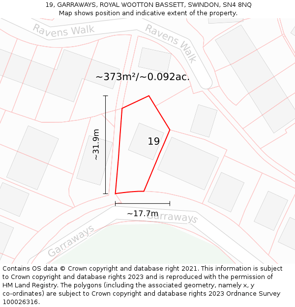 19, GARRAWAYS, ROYAL WOOTTON BASSETT, SWINDON, SN4 8NQ: Plot and title map