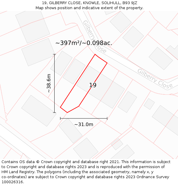 19, GILBERRY CLOSE, KNOWLE, SOLIHULL, B93 9JZ: Plot and title map
