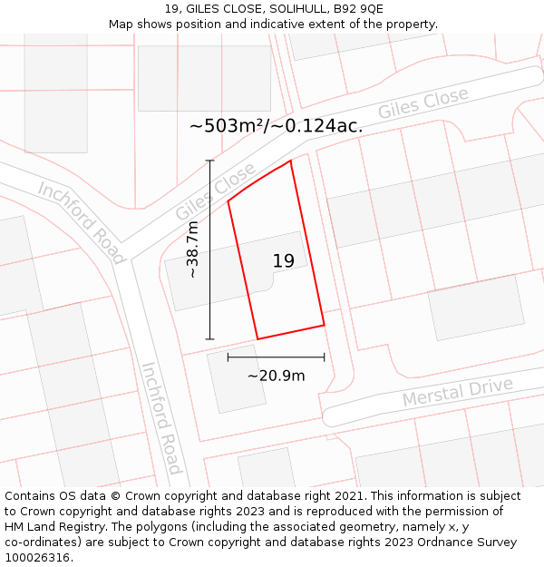 19, GILES CLOSE, SOLIHULL, B92 9QE: Plot and title map