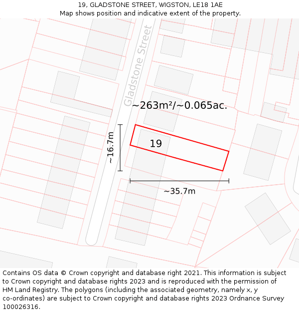 19, GLADSTONE STREET, WIGSTON, LE18 1AE: Plot and title map