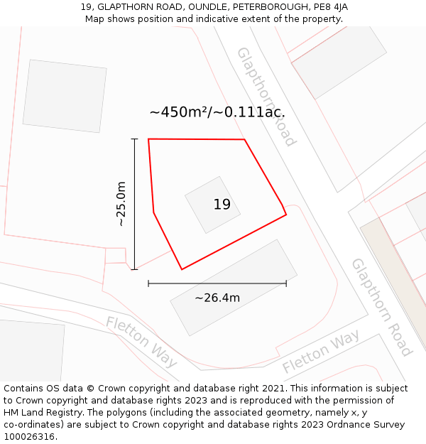 19, GLAPTHORN ROAD, OUNDLE, PETERBOROUGH, PE8 4JA: Plot and title map