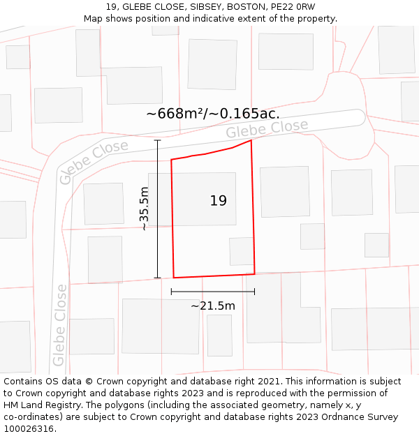 19, GLEBE CLOSE, SIBSEY, BOSTON, PE22 0RW: Plot and title map