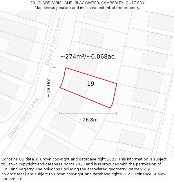 19, GLOBE FARM LANE, BLACKWATER, CAMBERLEY, GU17 0DY: Plot and title map
