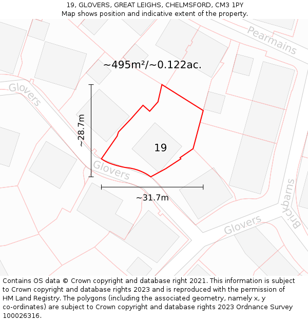 19, GLOVERS, GREAT LEIGHS, CHELMSFORD, CM3 1PY: Plot and title map