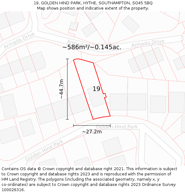 19, GOLDEN HIND PARK, HYTHE, SOUTHAMPTON, SO45 5BQ: Plot and title map