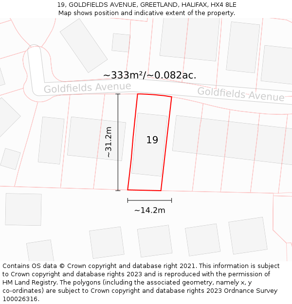 19, GOLDFIELDS AVENUE, GREETLAND, HALIFAX, HX4 8LE: Plot and title map
