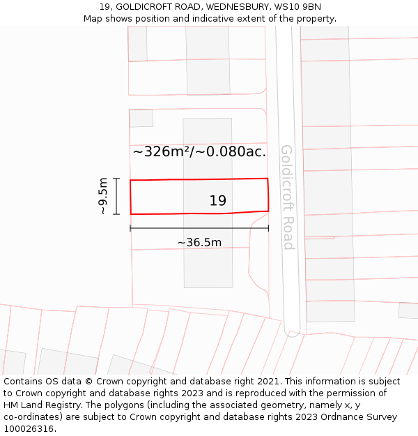 19, GOLDICROFT ROAD, WEDNESBURY, WS10 9BN: Plot and title map