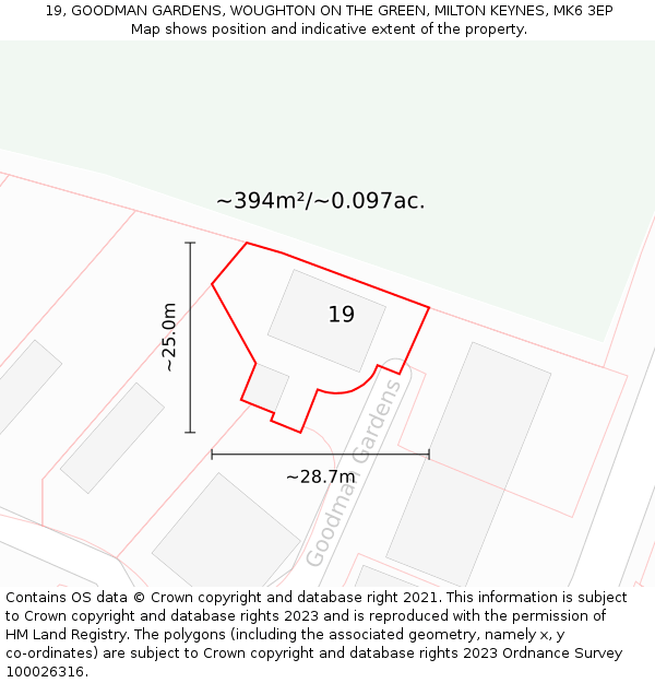 19, GOODMAN GARDENS, WOUGHTON ON THE GREEN, MILTON KEYNES, MK6 3EP: Plot and title map