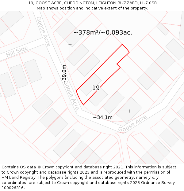 19, GOOSE ACRE, CHEDDINGTON, LEIGHTON BUZZARD, LU7 0SR: Plot and title map