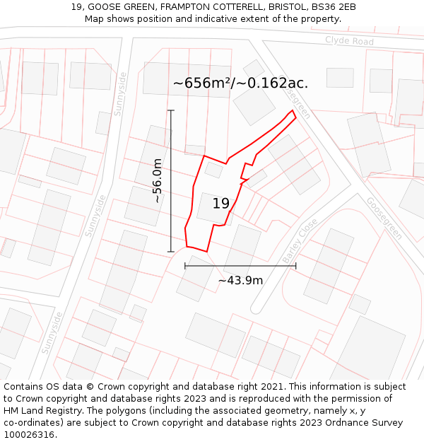 19, GOOSE GREEN, FRAMPTON COTTERELL, BRISTOL, BS36 2EB: Plot and title map