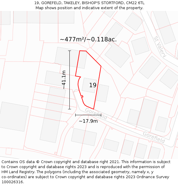19, GOREFELD, TAKELEY, BISHOP'S STORTFORD, CM22 6TL: Plot and title map