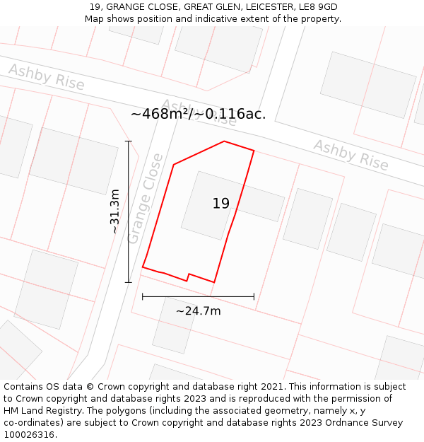 19, GRANGE CLOSE, GREAT GLEN, LEICESTER, LE8 9GD: Plot and title map