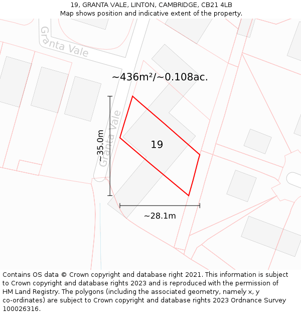 19, GRANTA VALE, LINTON, CAMBRIDGE, CB21 4LB: Plot and title map