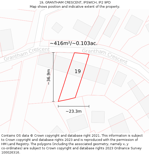 19, GRANTHAM CRESCENT, IPSWICH, IP2 9PD: Plot and title map