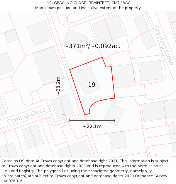 19, GRAYLING CLOSE, BRAINTREE, CM7 1WW: Plot and title map