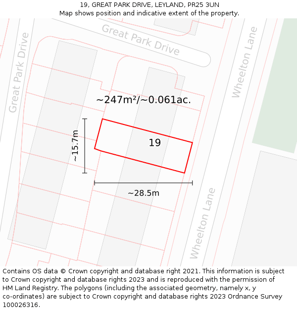 19, GREAT PARK DRIVE, LEYLAND, PR25 3UN: Plot and title map