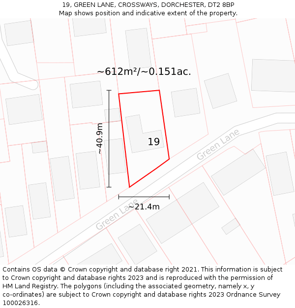 19, GREEN LANE, CROSSWAYS, DORCHESTER, DT2 8BP: Plot and title map