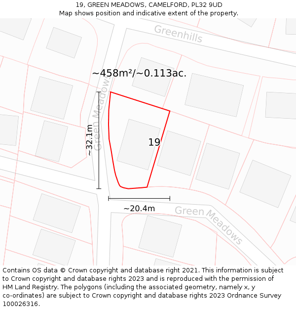 19, GREEN MEADOWS, CAMELFORD, PL32 9UD: Plot and title map