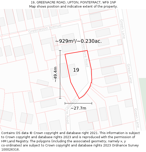 19, GREENACRE ROAD, UPTON, PONTEFRACT, WF9 1NP: Plot and title map