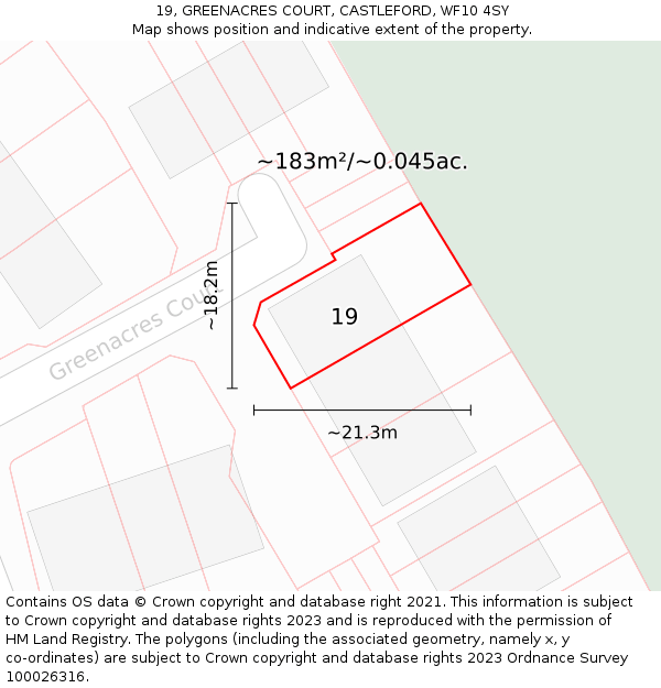 19, GREENACRES COURT, CASTLEFORD, WF10 4SY: Plot and title map