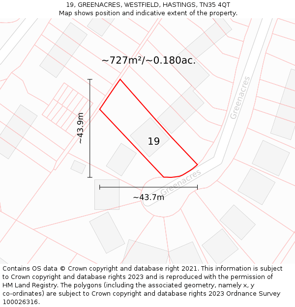 19, GREENACRES, WESTFIELD, HASTINGS, TN35 4QT: Plot and title map