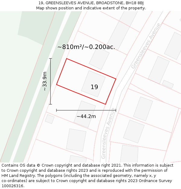 19, GREENSLEEVES AVENUE, BROADSTONE, BH18 8BJ: Plot and title map