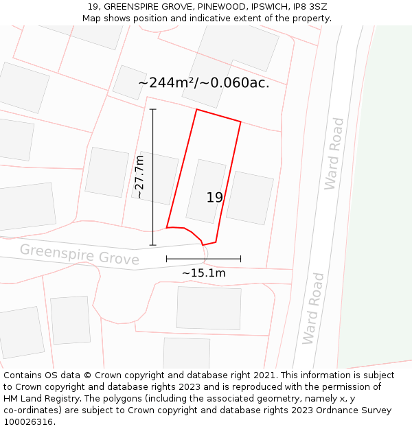 19, GREENSPIRE GROVE, PINEWOOD, IPSWICH, IP8 3SZ: Plot and title map