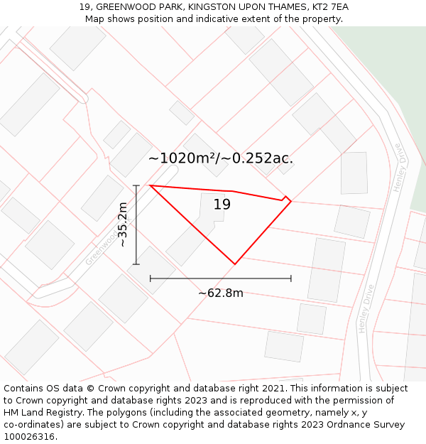 19, GREENWOOD PARK, KINGSTON UPON THAMES, KT2 7EA: Plot and title map