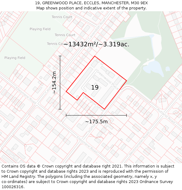 19, GREENWOOD PLACE, ECCLES, MANCHESTER, M30 9EX: Plot and title map