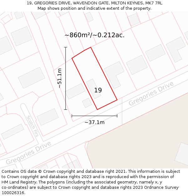 19, GREGORIES DRIVE, WAVENDON GATE, MILTON KEYNES, MK7 7RL: Plot and title map