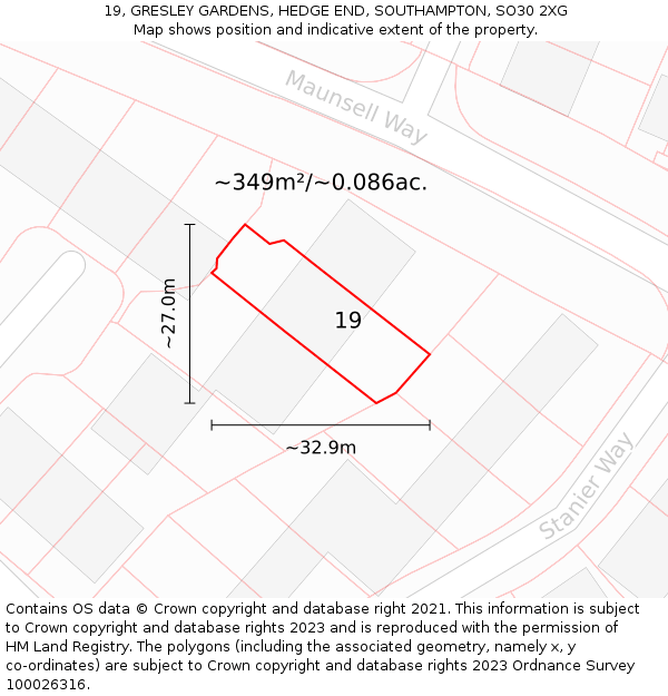 19, GRESLEY GARDENS, HEDGE END, SOUTHAMPTON, SO30 2XG: Plot and title map