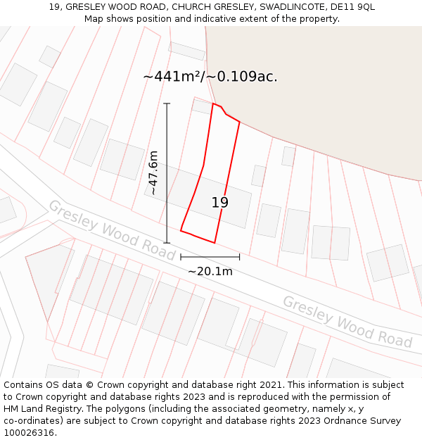 19, GRESLEY WOOD ROAD, CHURCH GRESLEY, SWADLINCOTE, DE11 9QL: Plot and title map