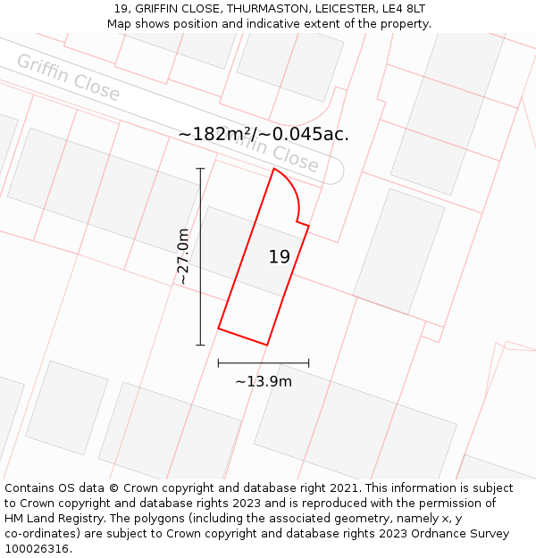 19, GRIFFIN CLOSE, THURMASTON, LEICESTER, LE4 8LT: Plot and title map