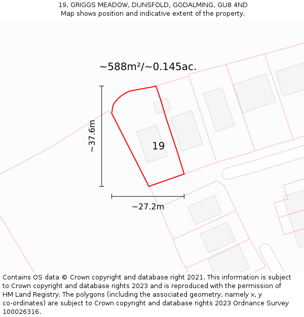 19, GRIGGS MEADOW, DUNSFOLD, GODALMING, GU8 4ND: Plot and title map