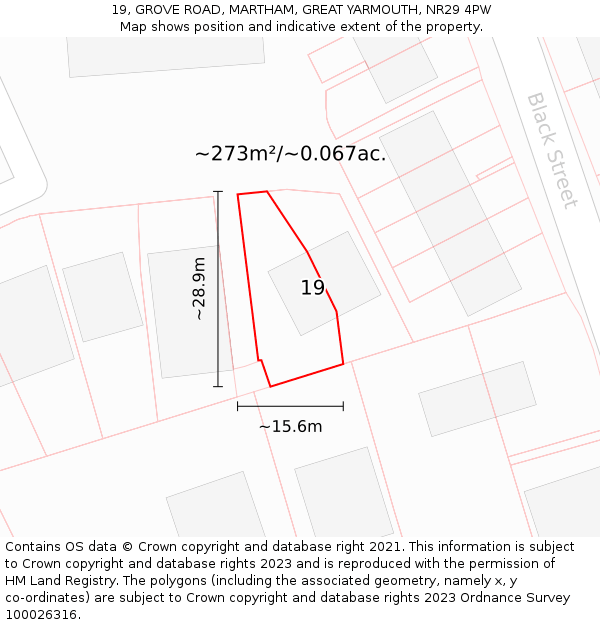 19, GROVE ROAD, MARTHAM, GREAT YARMOUTH, NR29 4PW: Plot and title map