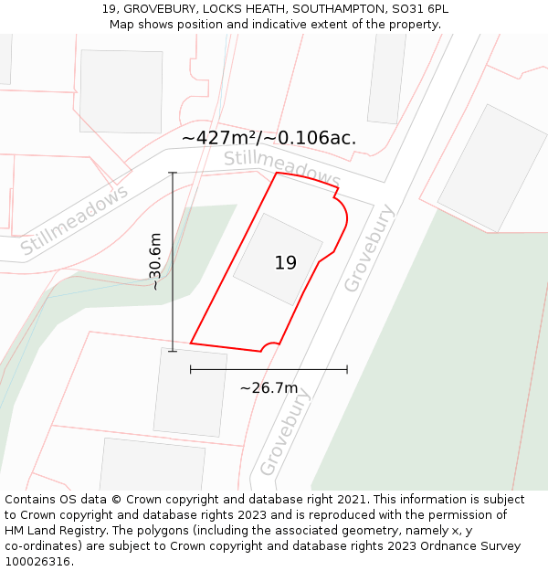 19, GROVEBURY, LOCKS HEATH, SOUTHAMPTON, SO31 6PL: Plot and title map