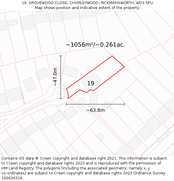 19, GROVEWOOD CLOSE, CHORLEYWOOD, RICKMANSWORTH, WD3 5PU: Plot and title map