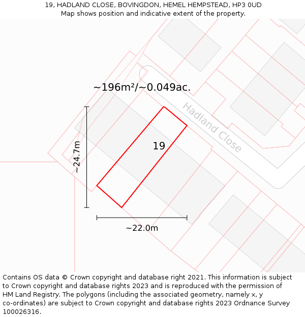 19, HADLAND CLOSE, BOVINGDON, HEMEL HEMPSTEAD, HP3 0UD: Plot and title map