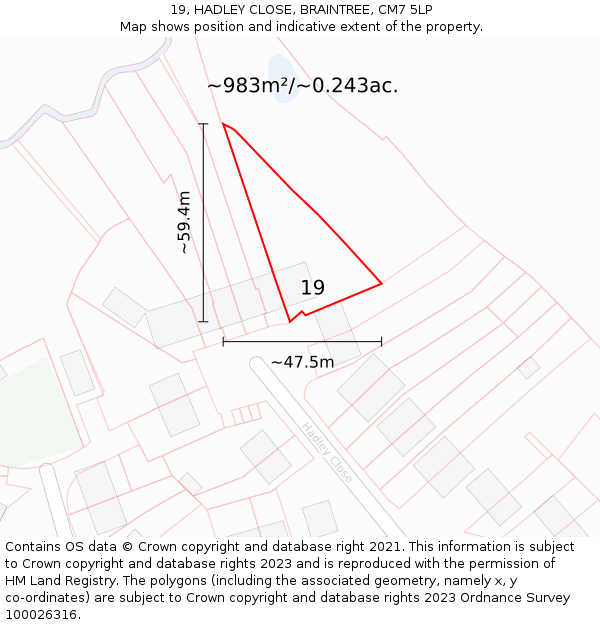 19, HADLEY CLOSE, BRAINTREE, CM7 5LP: Plot and title map