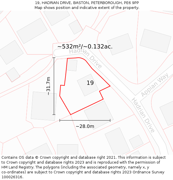 19, HADRIAN DRIVE, BASTON, PETERBOROUGH, PE6 9PP: Plot and title map