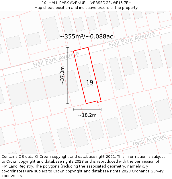 19, HALL PARK AVENUE, LIVERSEDGE, WF15 7EH: Plot and title map