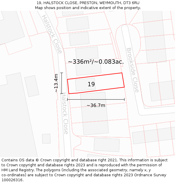 19, HALSTOCK CLOSE, PRESTON, WEYMOUTH, DT3 6RU: Plot and title map