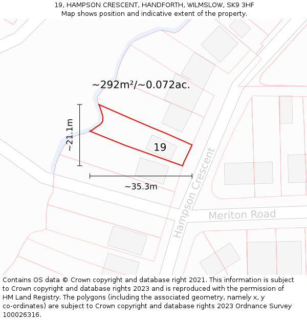 19, HAMPSON CRESCENT, HANDFORTH, WILMSLOW, SK9 3HF: Plot and title map