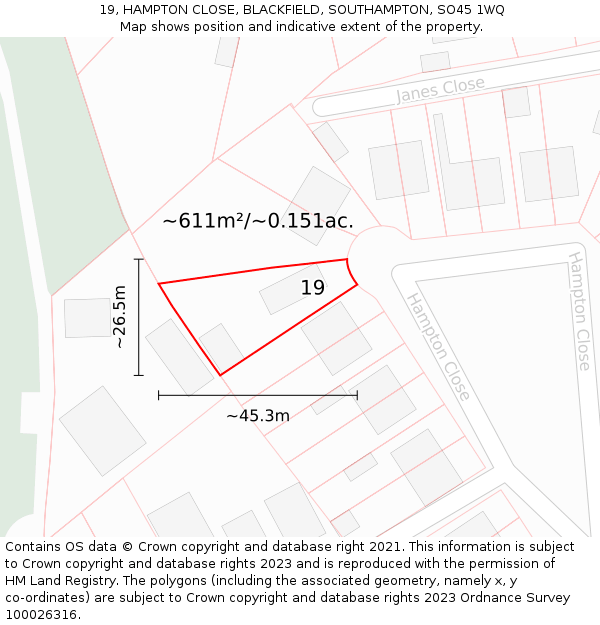 19, HAMPTON CLOSE, BLACKFIELD, SOUTHAMPTON, SO45 1WQ: Plot and title map